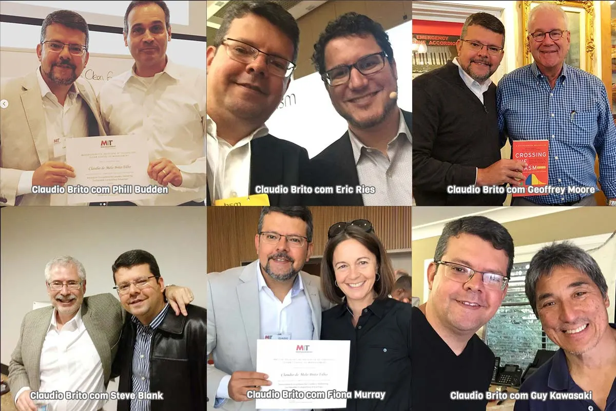 Mosaico de fotos de Claudio Brito com Phil Budden, Eric Ries, Geoffrey Moore, Steve Blank, Fiona Murray e Guy Kawasaki